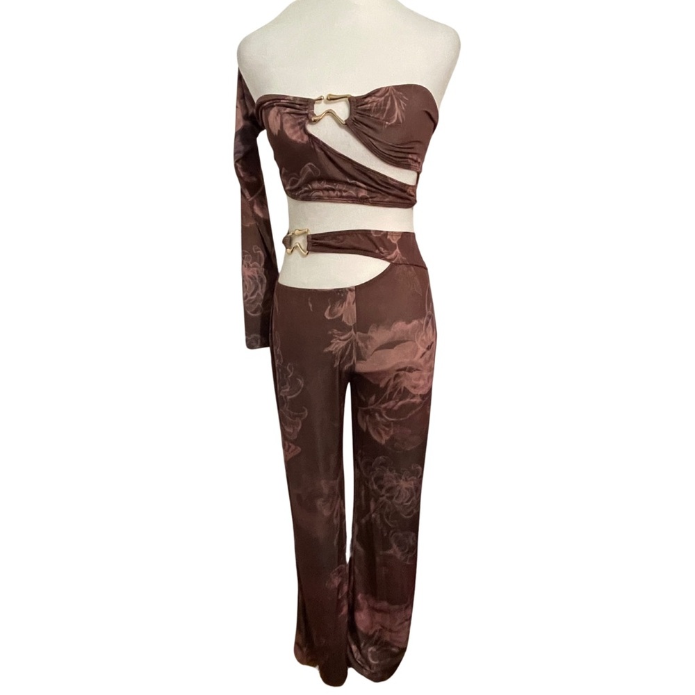 🎀 PLT Chocolate Floral Slinky One Sleeve Crop Top & Pants Set Size 6 - Picture 5 of 15